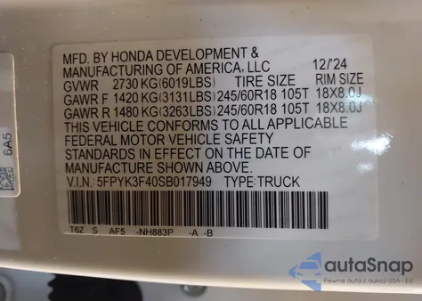 2025 Honda Ridgeline Rtl+ z USA, uszkodzony, nr VIN 5FPYK3F40SB017949